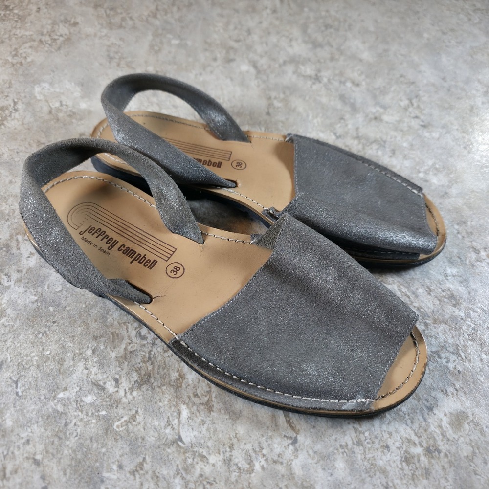 Jeffrey Campbell Gray Suede Peep Toe Slingback Sandals Flats Womens 38 / 7.5 - 8
